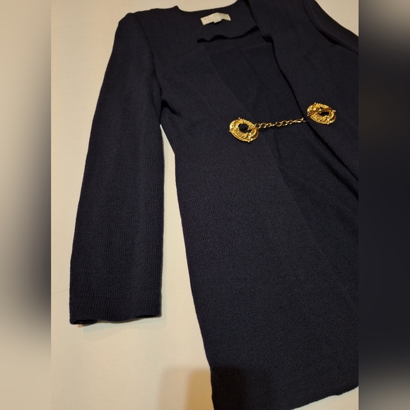 St. John Collection Santana Knit Longline Jacket Blazer Navy Gold Buttons Size 4 - Picture 2 of 16